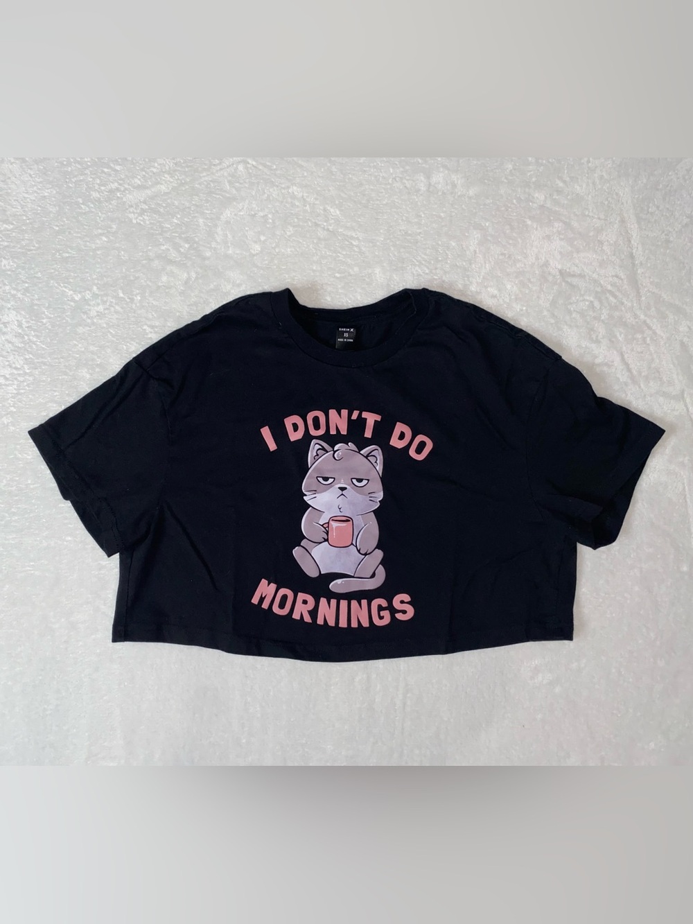 Black Graphic Crop Tee with Grey Cat 'I Don't Do Mornings'